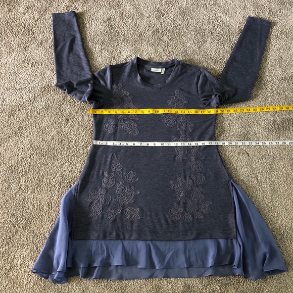 LOGO Lounge Top XS Jersey Knit Chiffon Flared Hem Embroidered Boho Pullover - Picture 5 of 12